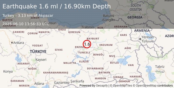 Earthquake EASTERN TURKEY (1.6 ml) (2025-06-10 13:56:33 UTC)