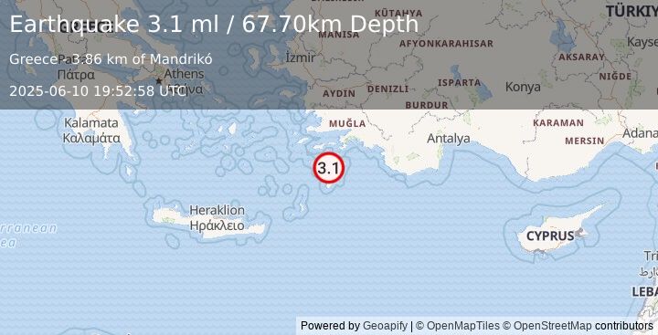 Earthquake DODECANESE IS.-TURKEY BORDER REG (3.1 ml) (2025-06-10 19:52:59 UTC)