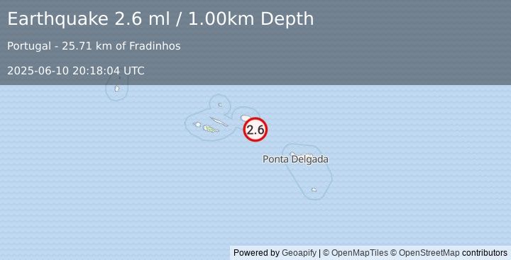 Earthquake AZORES ISLANDS, PORTUGAL (2.6 ml) (2025-06-10 20:18:04 UTC)