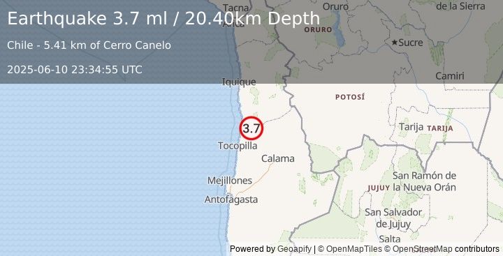 Earthquake ANTOFAGASTA, CHILE (3.7 ml) (2025-06-10 23:34:55 UTC)