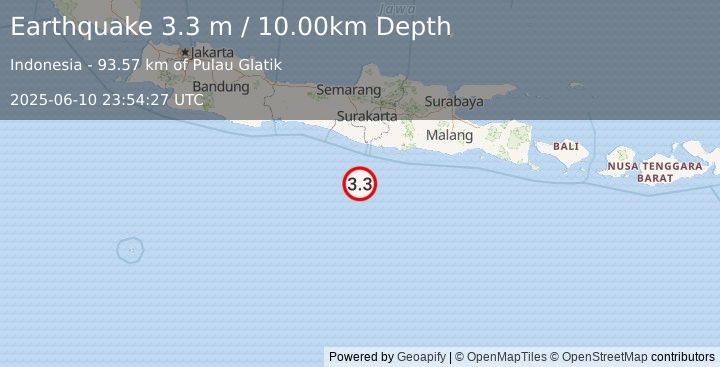 Earthquake SOUTH OF JAVA, INDONESIA (3.3 m) (2025-06-10 23:54:27 UTC)