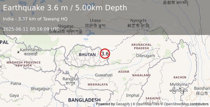 Earthquake BHUTAN (3.6 m) (2025-06-11 00:16:09 UTC)