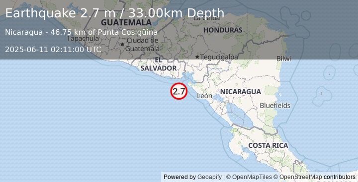 Earthquake NEAR COAST OF NICARAGUA (2.7 m) (2025-06-11 02:11:00 UTC)