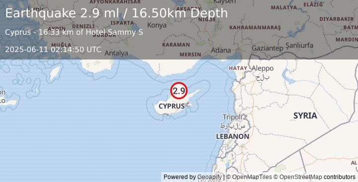 Earthquake CYPRUS REGION (2.9 ml) (2025-06-11 02:14:50 UTC)