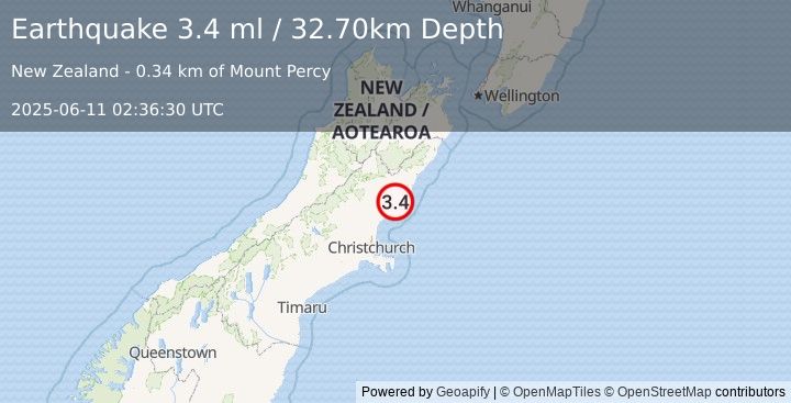 Earthquake SOUTH ISLAND OF NEW ZEALAND (3.4 ml) (2025-06-11 02:36:30 UTC)