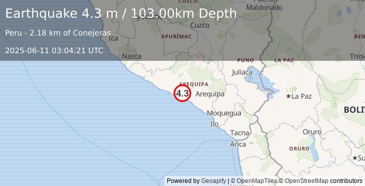 Earthquake NEAR COAST OF SOUTHERN PERU (4.3 m) (2025-06-11 03:04:18 UTC)