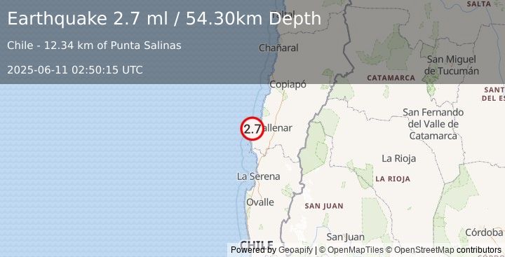 Earthquake OFFSHORE ATACAMA, CHILE (2.7 ml) (2025-06-11 02:50:15 UTC)