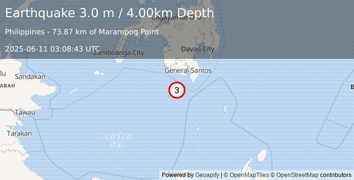 Earthquake MINDANAO, PHILIPPINES (3.0 m) (2025-06-11 03:08:43 UTC)