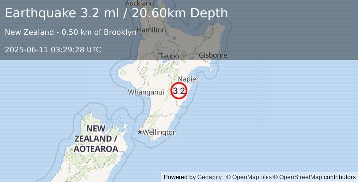 Earthquake NORTH ISLAND OF NEW ZEALAND (3.2 ml) (2025-06-11 03:29:28 UTC)