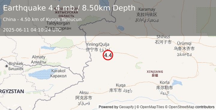 Earthquake NORTHERN XINJIANG, CHINA (4.4 mb) (2025-06-11 04:10:24 UTC)