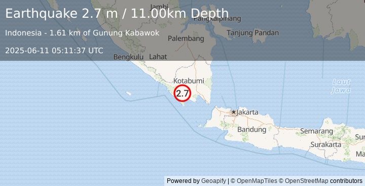 Earthquake SOUTHERN SUMATRA, INDONESIA (2.9 m) (2025-06-11 05:10:47 UTC)