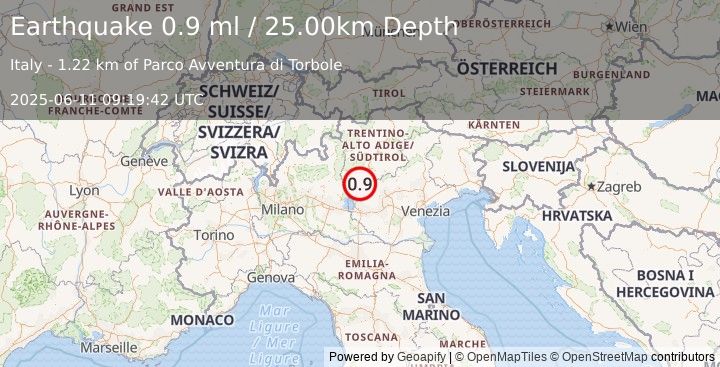 Earthquake NORTHERN ITALY (0.9 ml) (2025-06-11 09:19:42 UTC)