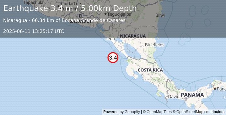Earthquake NEAR COAST OF NICARAGUA (3.6 m) (2025-06-11 13:25:19 UTC)