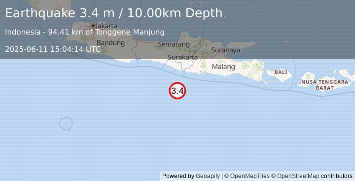 Earthquake SOUTH OF JAVA, INDONESIA (3.4 m) (2025-06-11 15:04:14 UTC)