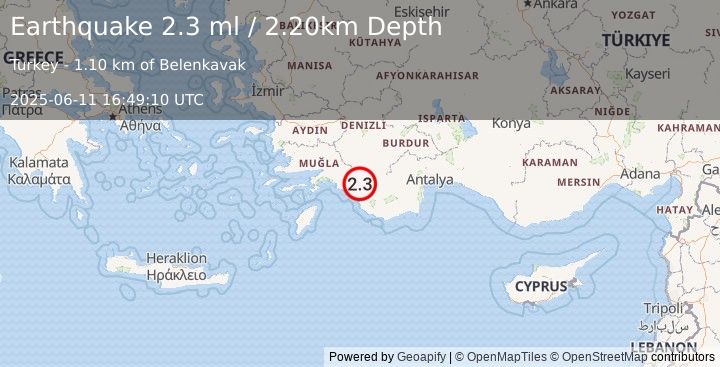 Earthquake WESTERN TURKEY (2.3 ml) (2025-06-11 16:49:10 UTC)