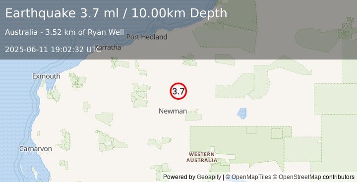 Earthquake WESTERN AUSTRALIA (3.7 ml) (2025-06-11 19:02:32 UTC)