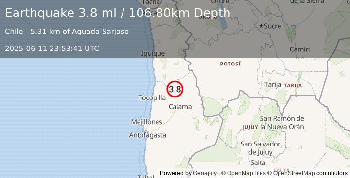 Earthquake ANTOFAGASTA, CHILE (3.8 ml) (2025-06-11 23:53:42 UTC)