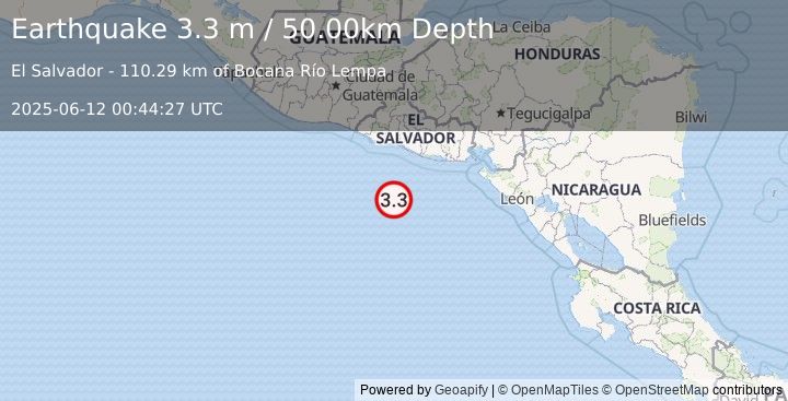 Earthquake OFF THE COAST OF EL SALVADOR (3.3 m) (2025-06-12 00:44:27 UTC)
