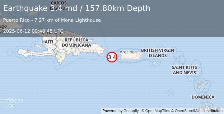 Earthquake MONA PASSAGE, PUERTO RICO (3.4 md) (2025-06-12 00:48:45 UTC)