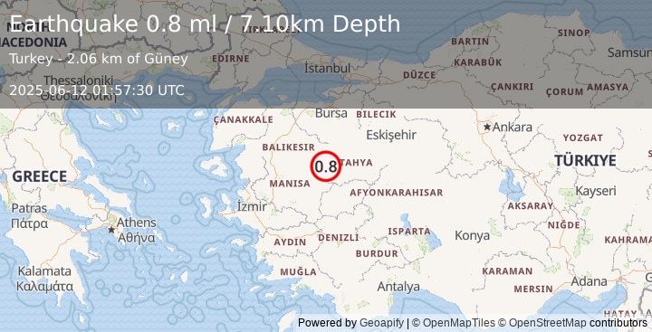Earthquake WESTERN TURKEY (0.8 ml) (2025-06-12 01:57:30 UTC)