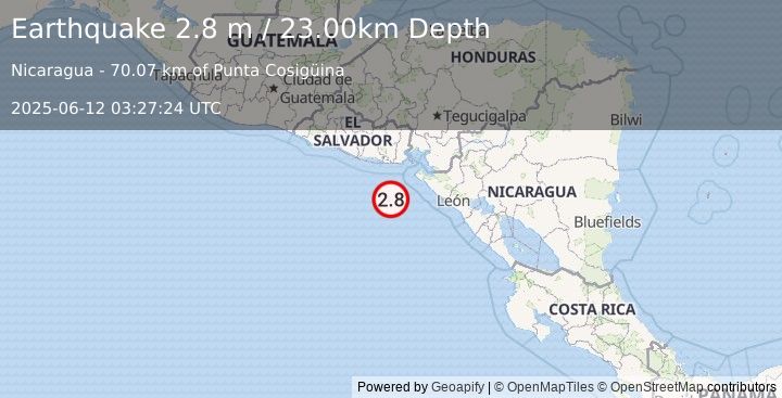 Earthquake NEAR COAST OF NICARAGUA (2.8 m) (2025-06-12 03:27:24 UTC)
