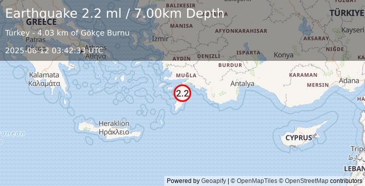 Earthquake DODECANESE IS.-TURKEY BORDER REG (2.2 ml) (2025-06-12 03:42:33 UTC)