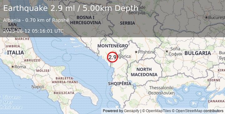 Earthquake ALBANIA (2.9 ml) (2025-06-12 05:16:01 UTC)