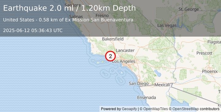 Earthquake GREATER LOS ANGELES AREA, CALIF. (2.0 ml) (2025-06-12 05:36:43 UTC)