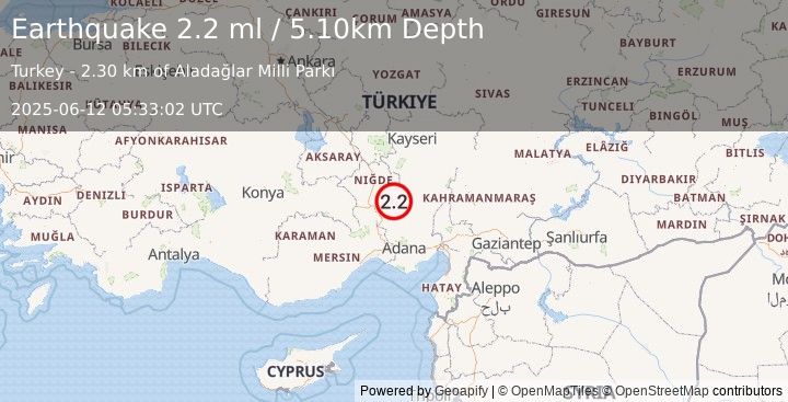 Earthquake CENTRAL TURKEY (2.2 ml) (2025-06-12 05:33:02 UTC)