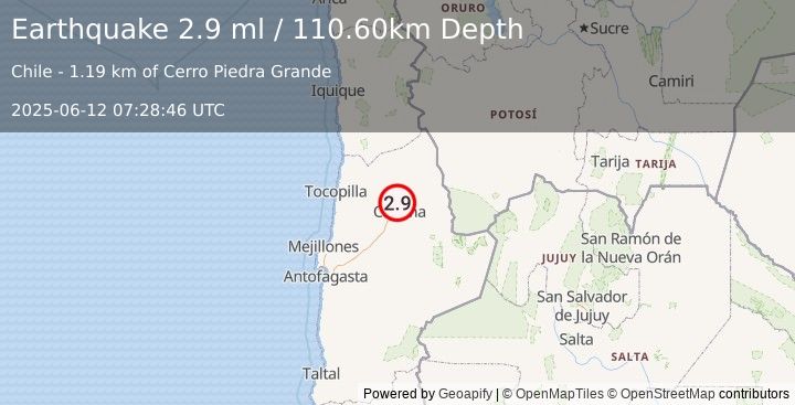 Earthquake ANTOFAGASTA, CHILE (2.9 ml) (2025-06-12 07:28:46 UTC)