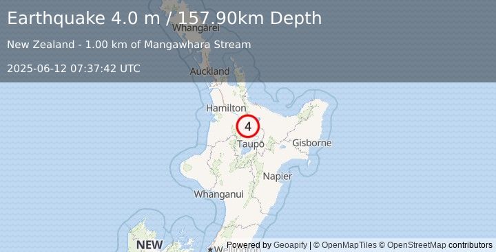 Earthquake NORTH ISLAND OF NEW ZEALAND (4.0 m) (2025-06-12 07:37:42 UTC)