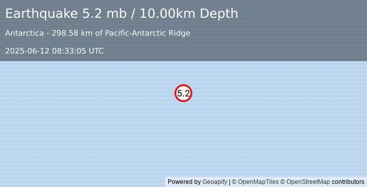 Earthquake PACIFIC-ANTARCTIC RIDGE (5.2 mb) (2025-06-12 08:33:05 UTC)