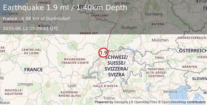Earthquake FRANCE-GERMANY BORDER REGION (1.9 ml) (2025-06-12 09:09:41 UTC)