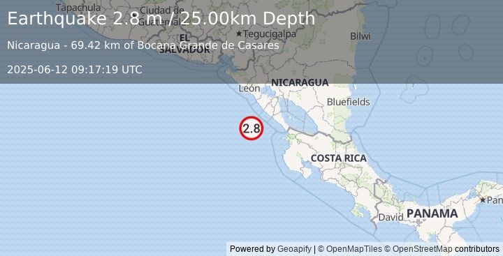 Earthquake NEAR COAST OF NICARAGUA (2.8 m) (2025-06-12 09:17:19 UTC)