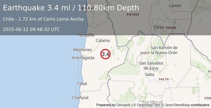 Earthquake ANTOFAGASTA, CHILE (3.4 ml) (2025-06-12 09:48:32 UTC)