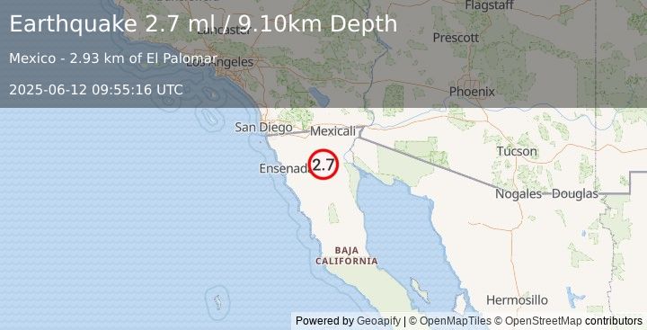 Earthquake BAJA CALIFORNIA, MEXICO (2.7 ml) (2025-06-12 09:55:16 UTC)