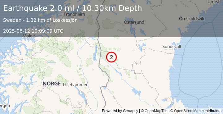 Earthquake NORWAY-SWEDEN BORDER REGION (1.9 ml) (2025-06-12 10:09:13 UTC)