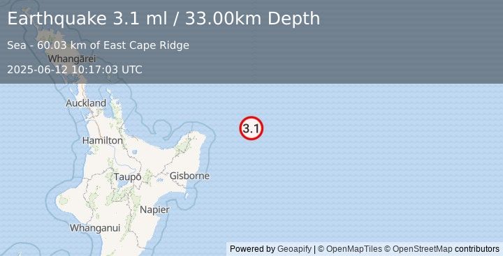 Earthquake OFF E. COAST OF N. ISLAND, N.Z. (3.1 ml) (2025-06-12 10:17:03 UTC)