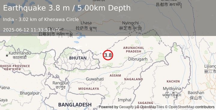 Earthquake ARUNACHAL PRADESH, INDIA (3.8 m) (2025-06-12 11:33:51 UTC)