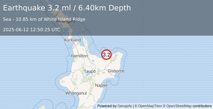 Earthquake OFF E. COAST OF N. ISLAND, N.Z. (3.2 ml) (2025-06-12 12:50:25 UTC)