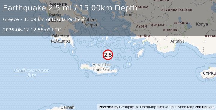 Earthquake DODECANESE ISLANDS, GREECE (2.5 ml) (2025-06-12 12:58:02 UTC)