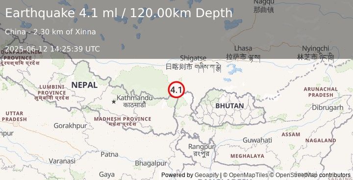 Earthquake WESTERN XIZANG (4.1 ml) (2025-06-12 14:25:39 UTC)