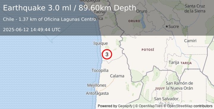 Earthquake TARAPACA, CHILE (3.0 ml) (2025-06-12 14:49:44 UTC)
