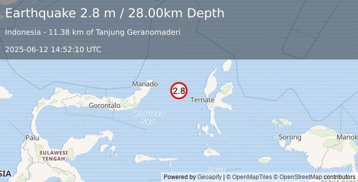 Earthquake MOLUCCA SEA (2.8 m) (2025-06-12 14:52:10 UTC)