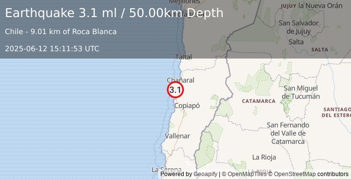 Earthquake OFFSHORE ATACAMA, CHILE (3.1 ml) (2025-06-12 15:11:53 UTC)
