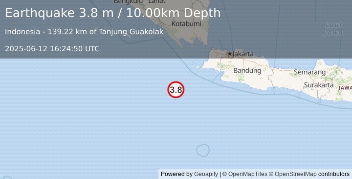 Earthquake SOUTHWEST OF SUMATRA, INDONESIA (3.8 m) (2025-06-12 16:24:50 UTC)