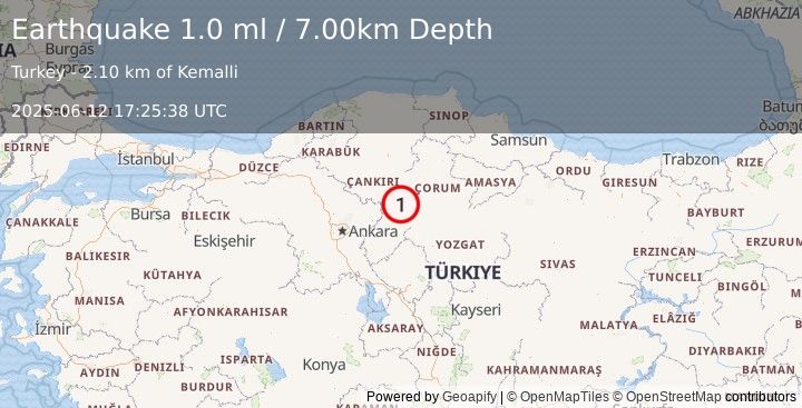 Earthquake CENTRAL TURKEY (1.0 ml) (2025-06-12 17:25:38 UTC)