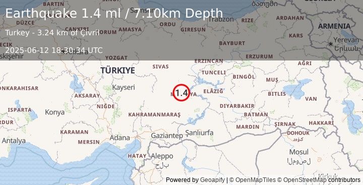 Earthquake EASTERN TURKEY (1.4 ml) (2025-06-12 18:30:34 UTC)
