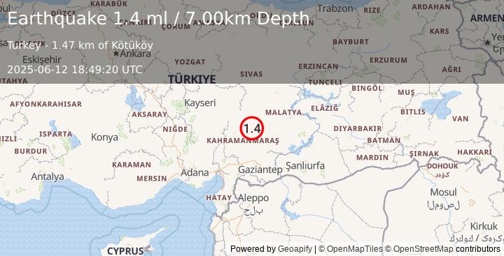 Earthquake CENTRAL TURKEY (1.4 ml) (2025-06-12 18:49:20 UTC)