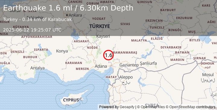 Earthquake CENTRAL TURKEY (1.6 ml) (2025-06-12 19:25:07 UTC)
